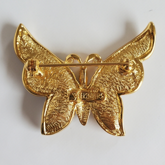 Vtg WEEKENDERS Signed Butterfly Brooch Rhinestones Gold Tone Jeweltone Stones - Picture 4 of 5